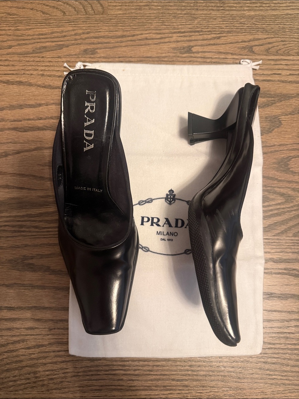 Prada Black Leather Square-Toe Slip-On Heels